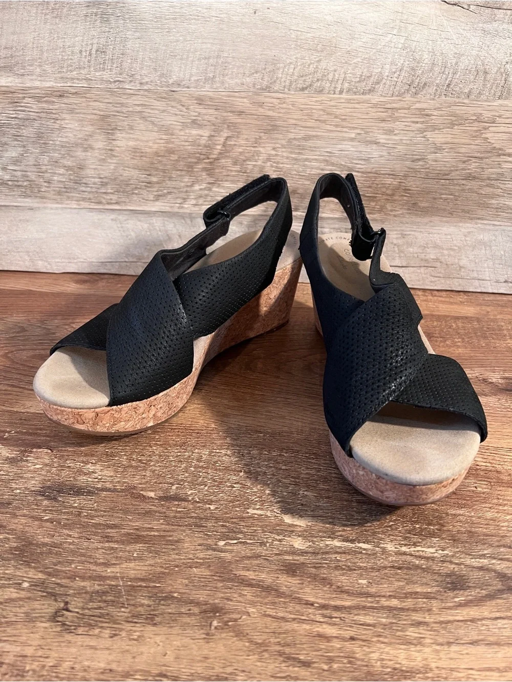 Black Cork Wedge‎ Sandals with Cross-Strap Design